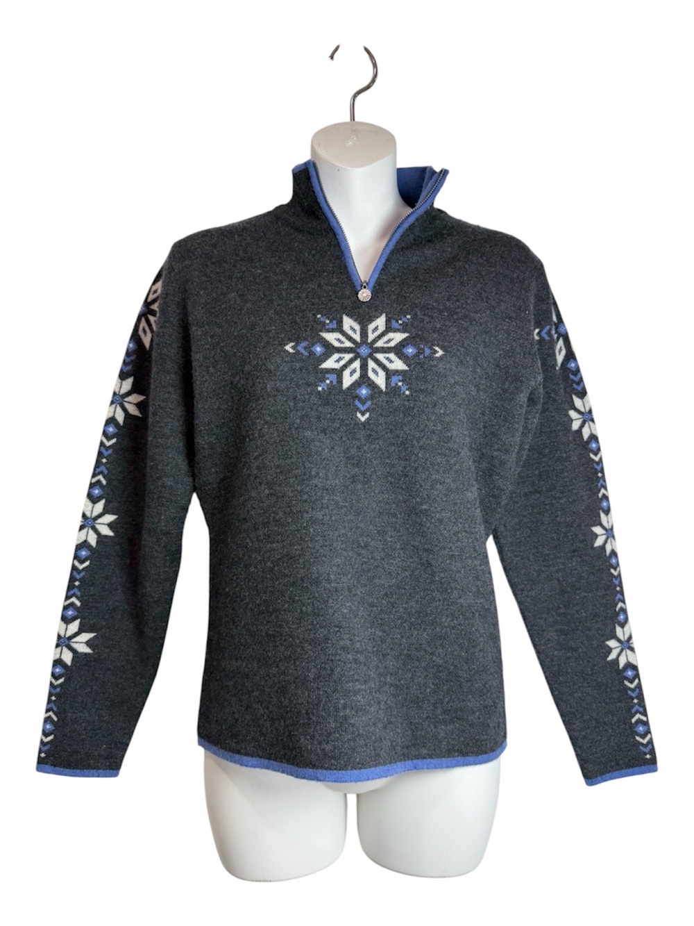 100% Wool Sweater Quarter Zip Neve Design Nordic Snowflake Apres Ski S Ski Lodge